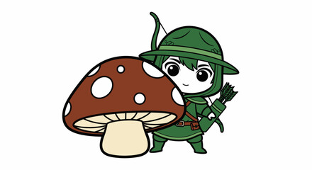 Obraz premium Cartoon elf holding mushroom and bow.