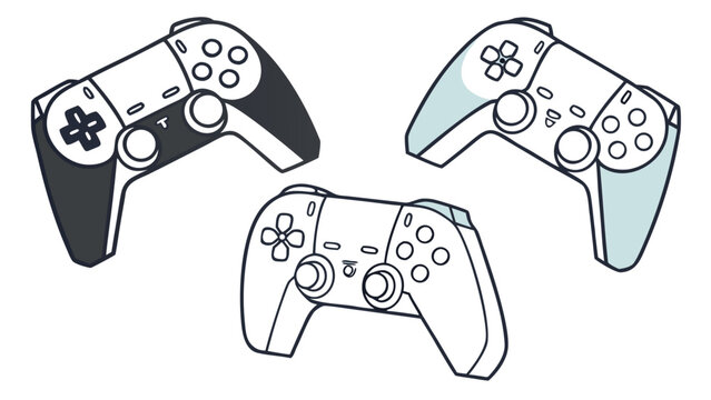 Vector illustration of three game controllers in outline style with controller videogame joystick computer