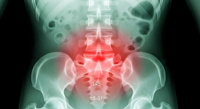 X-ray of the lower back with pain highlighted in red.
