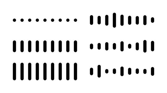 A collection of vertical short audio wave bar vector icons in various styles, representing sound waveforms, signal levels, or equalizer graphics for music apps and UI design projects.