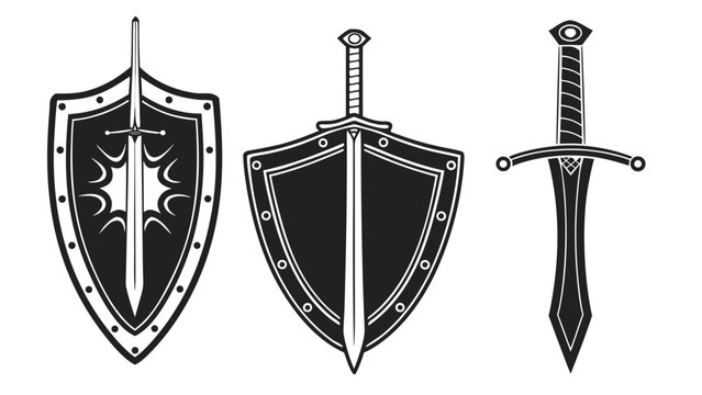 Vector illustration of medieval shields and swords set in black and white with medieval heraldry protection