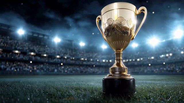 Golden championship trophy standing on a lush green stadium pitch at night