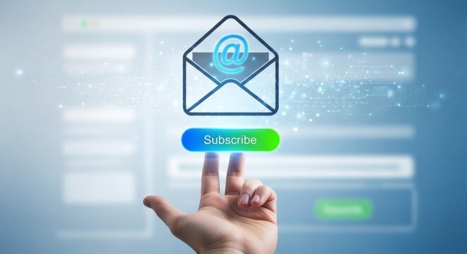 A hand interacting with a digital email subscription interface on a blurred background