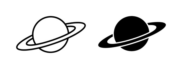 Planet with Rings Icon Set, Cosmic Celestial Body Symbols, Space Exploration and Astronomy Graphics, Black and White Vector Illustrations © Sharmin