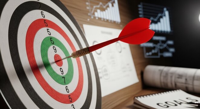 A red dart hits the bullseye of a target board in a modern office setting with graphs and goals in the background.