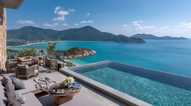 Tropical infinity pool with turquoise water and mountain backdrop in daylight