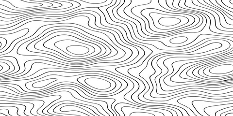 Seamless vector illustration of abstract black and white topographic map contour lines, featuring smooth flowing elevation curves and layered geographic patterns in a high-contrast monochrome style. © Deep Earth 