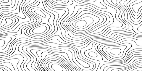 Seamless vector illustration of abstract black and white topographic map contour lines, featuring smooth flowing elevation curves and layered geographic patterns in a high-contrast monochrome style. © Deep Earth 