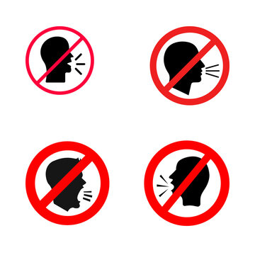 Set of red prohibition signs and silence icons featuring human silhouettes for no talking zones on a black background