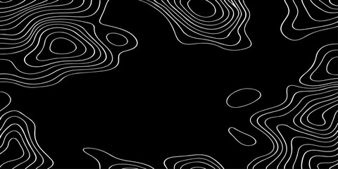 Seamless vector illustration of abstract black and white topographic map contour lines, featuring smooth flowing elevation curves and layered geographic patterns in a high-contrast monochrome style. © Deep Earth 