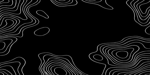 Seamless vector illustration of abstract black and white topographic map contour lines, featuring smooth flowing elevation curves and layered geographic patterns in a high-contrast monochrome style. © Deep Earth 