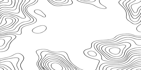 Seamless vector illustration of abstract black and white topographic map contour lines, featuring smooth flowing elevation curves and layered geographic patterns in a high-contrast monochrome style. © Deep Earth 