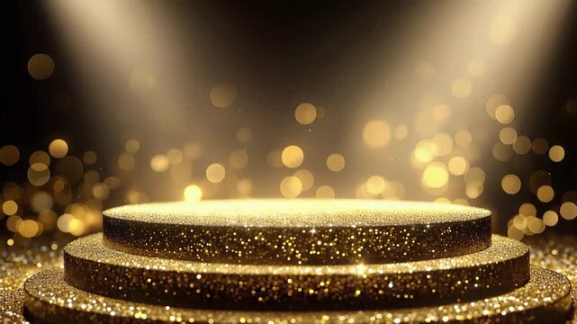 Golden glittering threetiered podium stage with spotlight