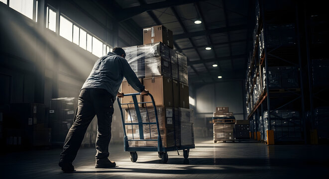 A worker celebrates Workers' Day by pushing a loaded hand truck in a warehouse on Labour Day, surrounded by stacks of boxes and industrial equipment, with a sense of industriousness.