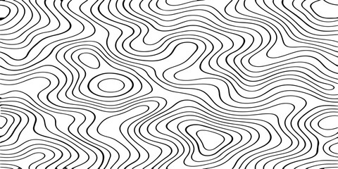 Seamless vector illustration of abstract black and white topographic map contour lines, featuring smooth flowing elevation curves and layered geographic patterns in a high-contrast monochrome style. © Deep Earth 