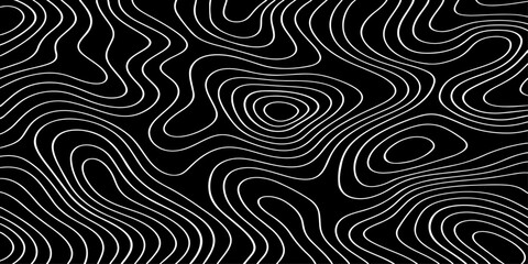 Fototapeta premium Seamless vector illustration of abstract black and white topographic map contour lines, featuring smooth flowing elevation curves and layered geographic patterns in a high-contrast monochrome style.