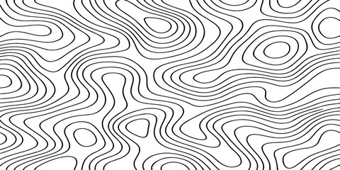 Seamless vector illustration of abstract black and white topographic map contour lines, featuring smooth flowing elevation curves and layered geographic patterns in a high-contrast monochrome style. © Deep Earth 