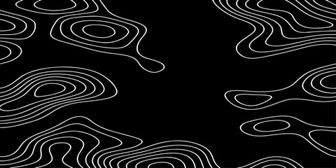 Seamless vector illustration of abstract black and white topographic map contour lines, featuring smooth flowing elevation curves and layered geographic patterns in a high-contrast monochrome style. © Deep Earth 