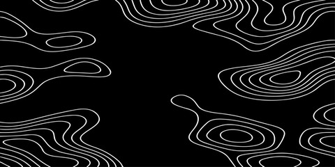 Seamless vector illustration of abstract black and white topographic map contour lines, featuring smooth flowing elevation curves and layered geographic patterns in a high-contrast monochrome style. © Deep Earth 