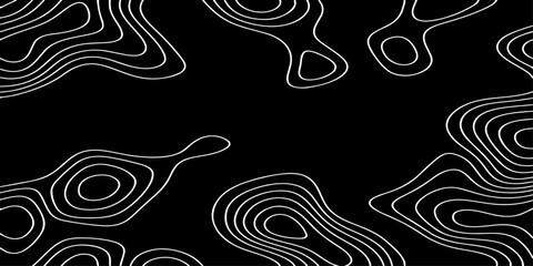 Seamless vector illustration of abstract black and white topographic map contour lines, featuring smooth flowing elevation curves and layered geographic patterns in a high-contrast monochrome style. © Deep Earth 