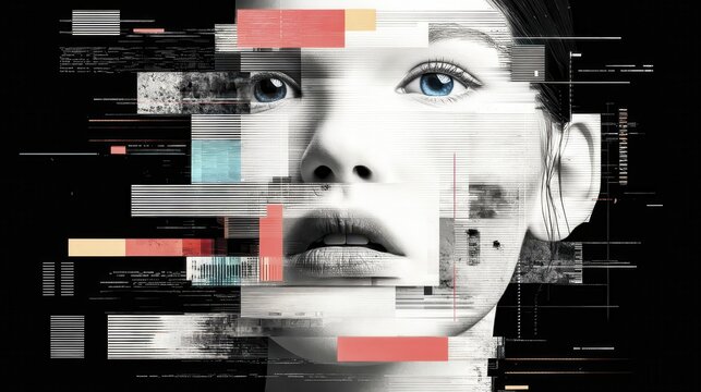 Face emerges through glitched digital distortion. Eyes gaze with quiet intensity, unblinking. Data streams overlay the image, creating a fractured effect. The composition evokes digital disruption