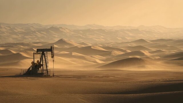 Solitary oil pump jack standing in vast golden desert sand dunes at warm sunset light