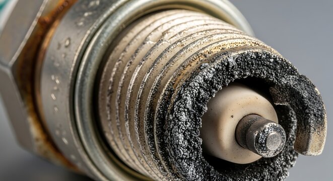 Close up macro of a worn and fouled automotive spark plug with carbon deposits