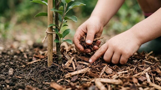 Closeup of a childs hands spreading wood chip mulch around a young tree