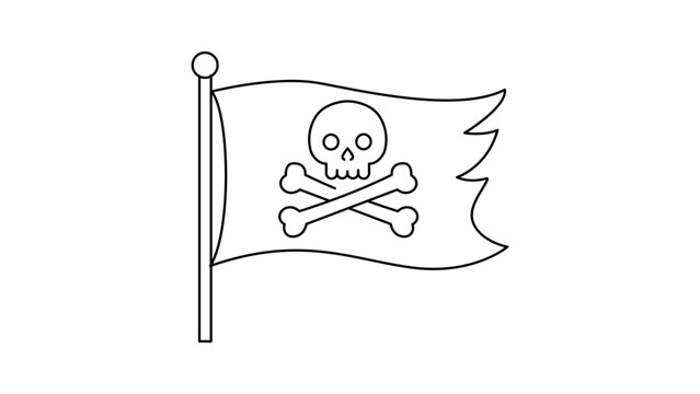 Pirate Flag Vector Icon with Skull and Crossbones, Minimalist Black Line Illustration on White Background, Editable Stroke for Customization, Jolly Roger Symbol for Adventure and Sea Voyages.