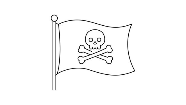 Minimalist Pirate Flag Vector Icon Featuring a Skull and Crossbones, Hand-Drawn Black Line Illustration with Editable Stroke, Jolly Roger Symbol on Flagpole for Adventure and Nautical Themes.