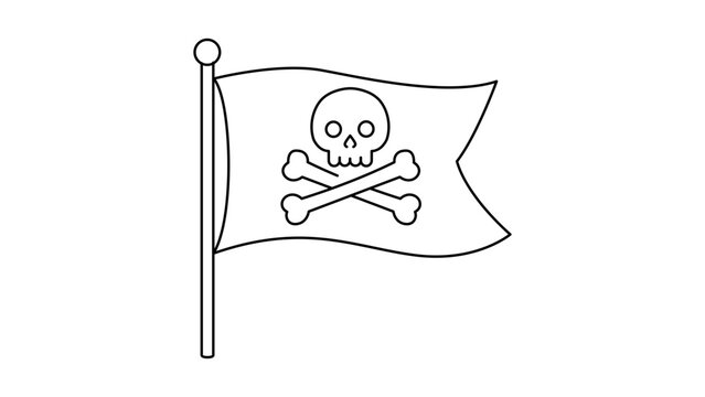 Minimalist Pirate Flag Vector Icon Featuring a Skull and Crossbones Jolly Roger on a White Background; Hand-Drawn Illustration with Editable Stroke for Customizable Line Weight and Scalable Design
