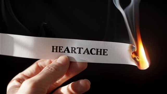 Hand holds a paper strip reading &ldquo;HEARTACHE&rdquo; as the edge burns in flame