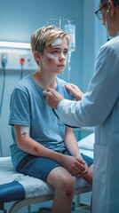 Obraz premium Pediatrician examining injured preteen boy with stethoscope in hospital emergency room. Medical checkup for child with head bandages and facial bruises after accident.