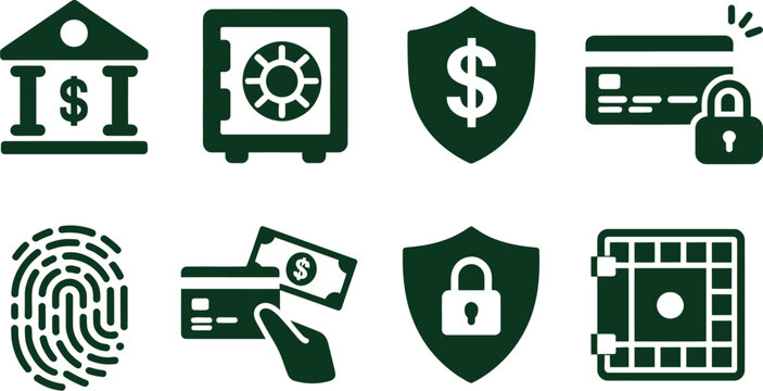 Bank and payment security icon collection including fingerprint scan, shield lock, credit card safety, secure transaction, and vault cash protection, financial security system symbols