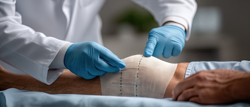 Medical professional examines post operative knee with stitches and tape in clinical setting