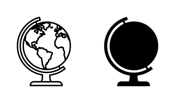 Globe Icons, World Map Vector Graphics, Earth Planet Symbol Set, Global Navigation and Geography Concepts, Black and White Illustration