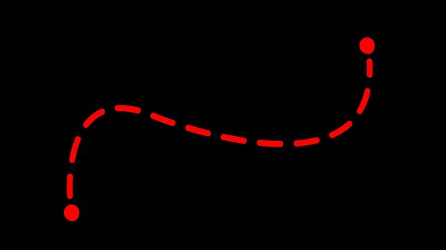 Red dashed line path animation, hand-drawn moving dotted border, animated travel route, black background