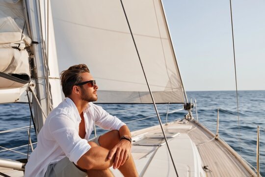 Sailing on the Ocean With Sunlight Shining and a Man in a Hat Enjoying the View and Relaxation