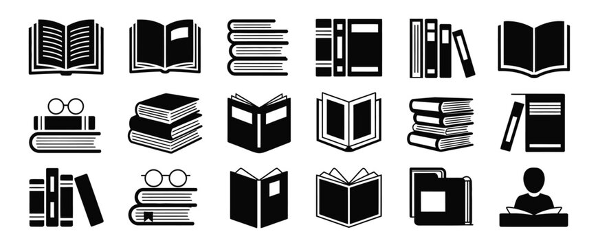 Book icons set representing learning knowledge and literature featuring open pages stacked volumes bookmarks and reader symbols