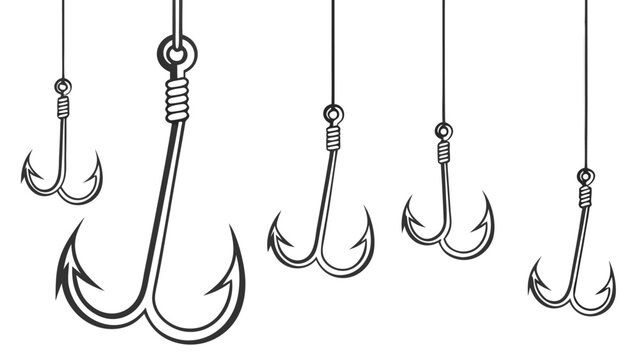 Vector illustration set of sharp metal fishing hooks with equipment adventure activity recreation isolated