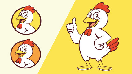 Fototapeta premium Vector illustration of a happy chicken mascot giving a thumbs up gesture with character, illustration