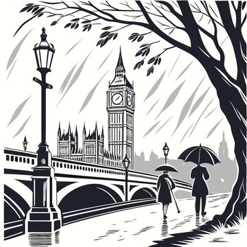 Vector illustration of big ben and pedestrians with umbrellas on a rainy day umbrella landmark landscape