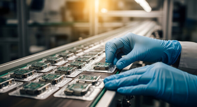 Workers handling electronic components on an industrial assembly line on Labour Day, marking Workers' Day with diligence