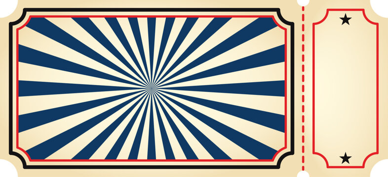 Blank vintage ticket stub with blue sunburst rays. Retro ticket entry pass template for film, cinema, movie, circus, theater, casino, concert. Vector illustration