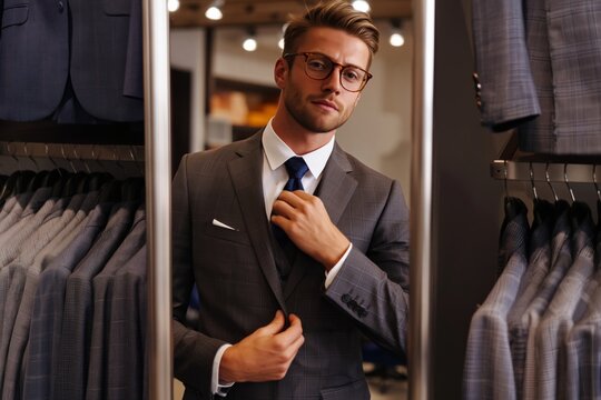 Man Adjusts Tie While Trying on a Suit in a Clothing Store During the Day