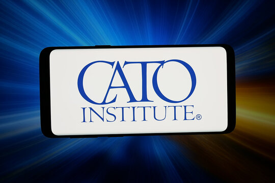 Stuttgart, Germany - 04-10-2026: In this photo illustration, the logo of US think tank Cato Institute is displayed on a smartphone in front of abstract background on computer screen.
