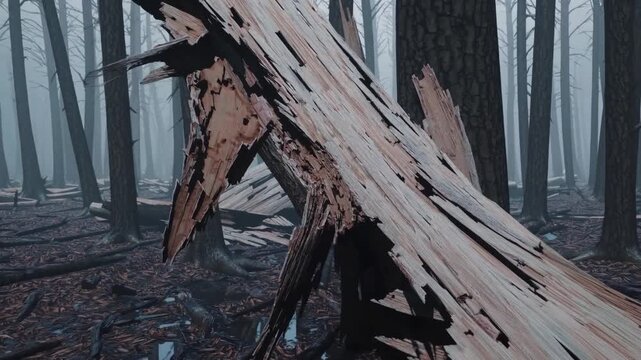 Forests with broken trees. Shadowed woodland landscape featuring broken trees and shimmering moist foliage. Enigmatic forest scene filled with cracked trunks and gleaming wet leaves under fog