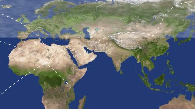 Airplane Flying over World Map Flights on world map travel across continents animation background. Airplane icon flying over a world map representing global travel or international flights.