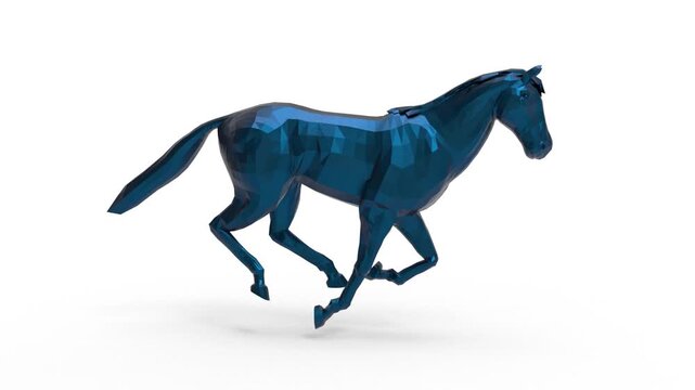 3D Animation Blue Horse Galloping, Metallic Equine, against White