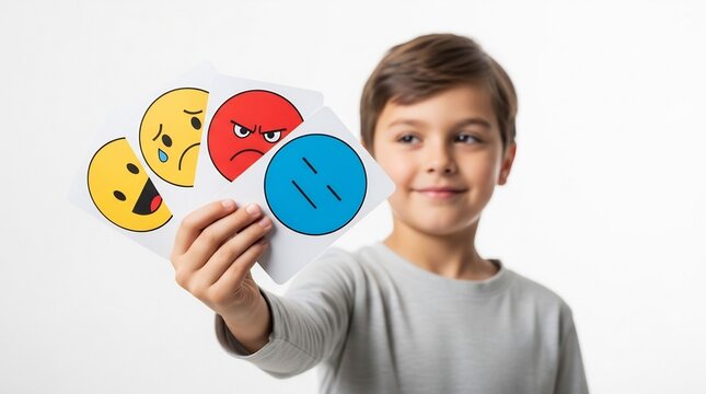 Young Boy Holding Emoji Cards for Emotional Intelligence and Mental Health